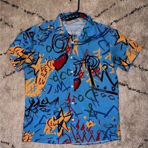 Men’s Casual Graffiti Print Button-Down Shirt Size L
